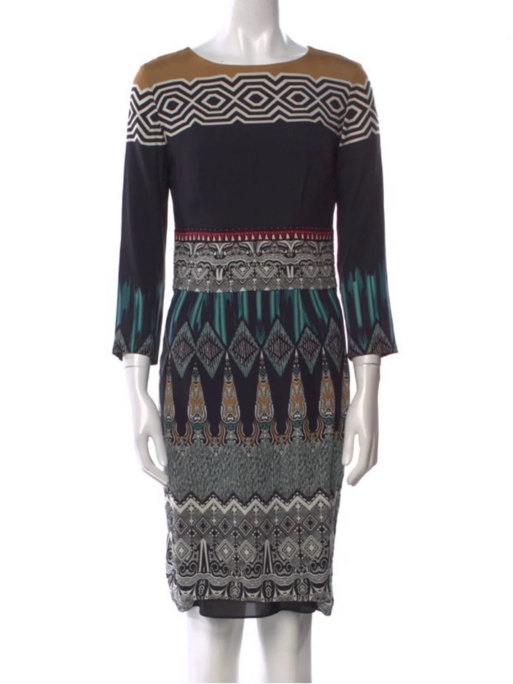 Etro Black Multi-Pattern Long Sleeve Sheath with Teal and Tan Accents